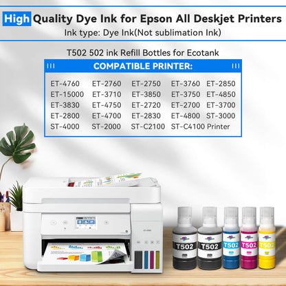 Compatible for Epson 502 Ink Refill Bottles for Ecotank ET-3760 ET-2850 ET-3850 ET-2760 ET-15000 ET-4760 ET-4850 ET-2750 ET-3750 ET-3830 Printers, Compatible for Epson 502 Ink (BK Pigment, C M Y Dye)