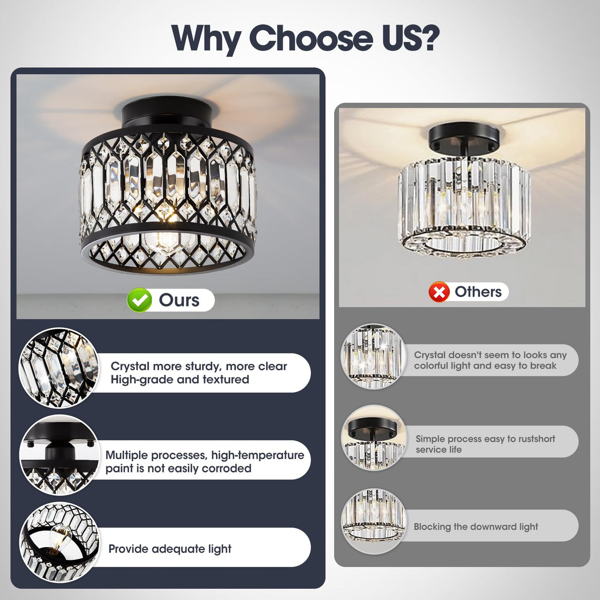 WimiSom Black Crystal Ceiling Light, Modern Semi Flush Mount Ceiling Lighting Fixture, Hand Woven Flush Mount Ceiling Light for Hallway, Bedroom, Kitchen, entryway, Living Room WimiSom