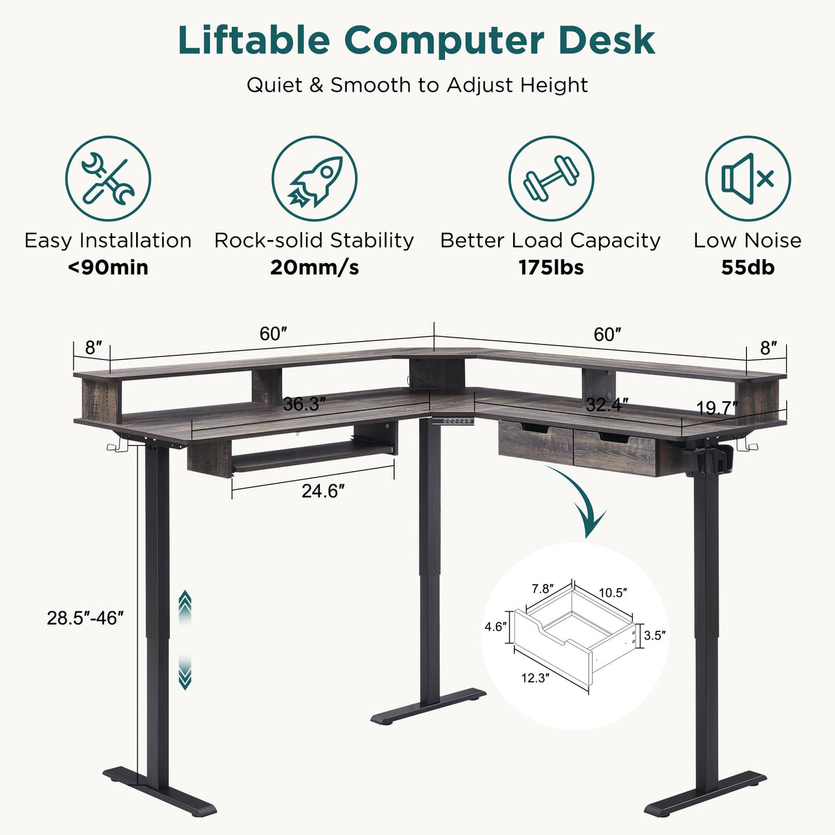 RedLemon L-Shaped Electric Standing Desk, 60 inches Motor Height Adjustable Sit Stand Corner Desk with Led, Large Home Office Desk Computer Workstation, Dark Rustic Oak RedLemon