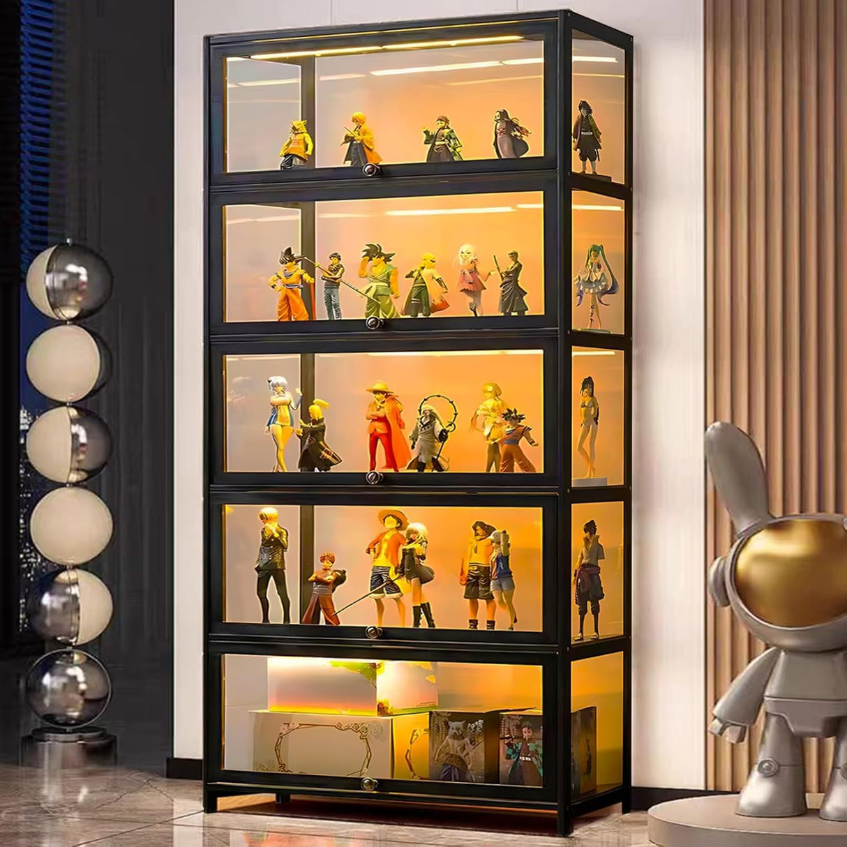 Curio Display Cabinet, 5 Tier Storage Shelves with Acrylic Glass Door, Transparent Bamboo Display Case for Figures, Display Shelves for Collectibles & Kids Bookcase for Home (Black Flip Door) iusyugh