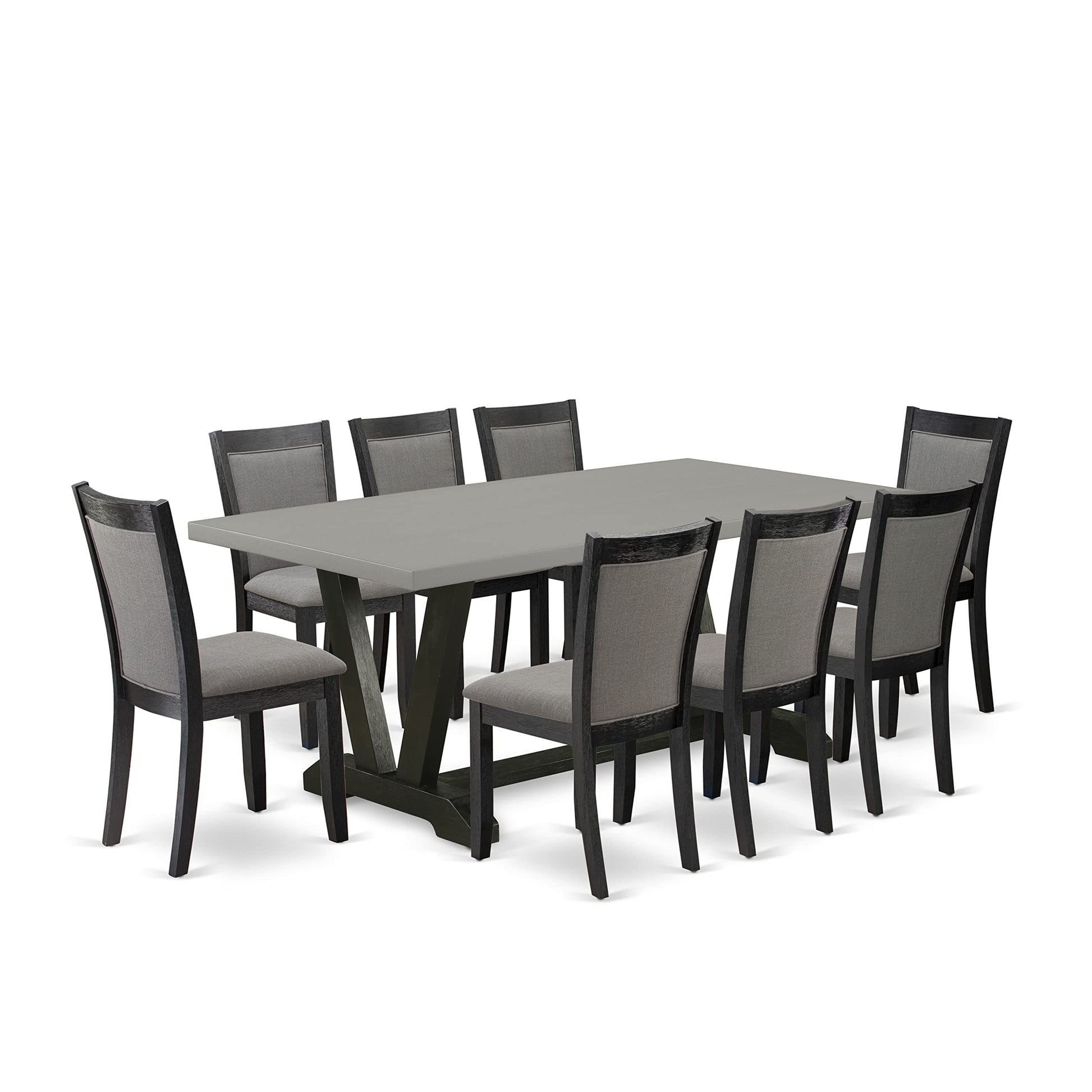 East West Furniture V-Style 9 Piece Kitchen Set Includes a Rectangle Table with V-Legs and 8 Dark Gotham Grey Linen Fabric Parson Dining Chairs, 40x72 Inch, V697MZ650-9 - WoodArtSupply