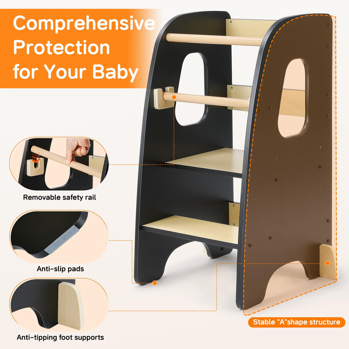 Ezebaby Toddler Kitchen Stool Helper Toddler Standing Tower Kids Kitchen Step Stool, Adjustable Toddler Tower Kitchen Stool Helper Toddler Step Stool for Kitchen with Non-Slip Feet-Black Ezebaby