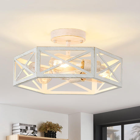 XSDeTu 3-Light Flush Mount Ceiling Light Fixture, Modern Close to Ceiling Light with White Metal Hexagon Cage, Farmhouse Ceiling Light for Bedroom, Hallway, Entry, Foyer, Kitchen XSDeTu