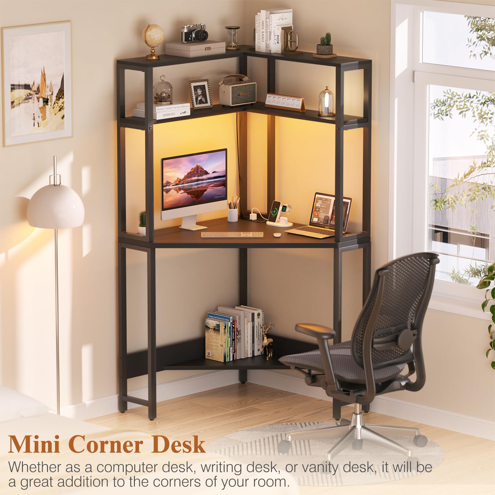 Cyclysio Mini Corner Desk with Hutch, Corner Gaming Desk with LED Light, Corner Computer Desk with Power Outlets, Triangle Corner Desk for Small Space, Home Office, Workstation, Black - WoodArtSupply