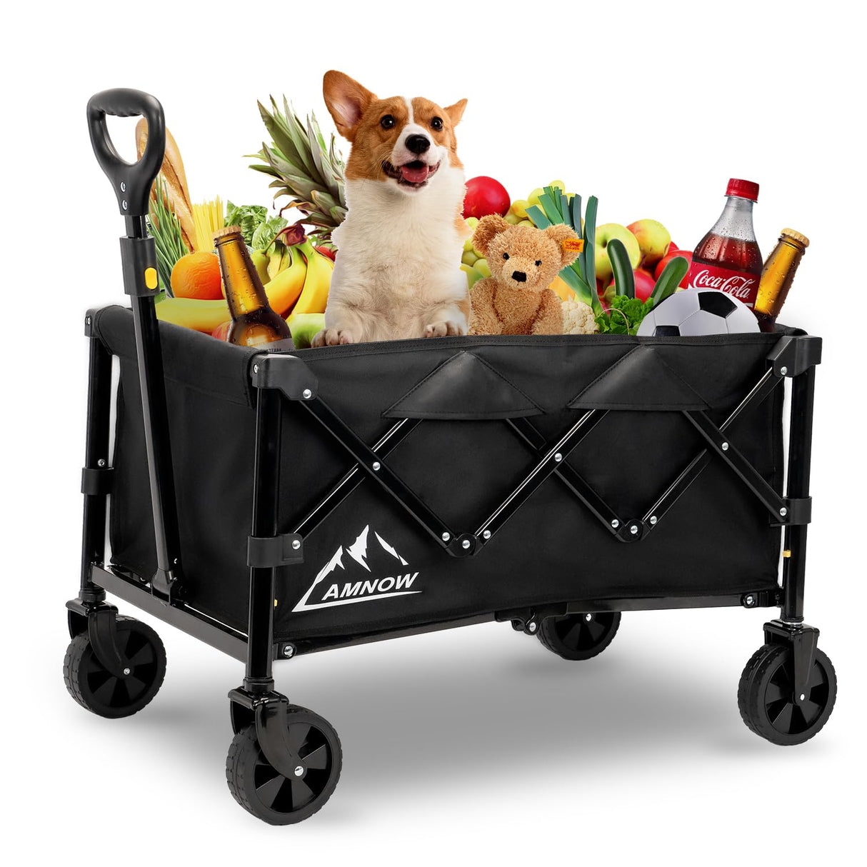Collapsible Folding Beach Wagon Cart, Utility Large Capacity Cart Foldable Wagon with All Terrain Wheels, Grocery Wagon Cart for Garden Shopping Sports Camping, Black AMNOW