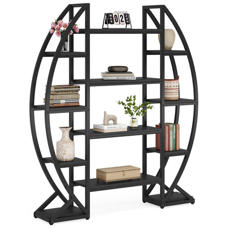 LITTLE TREE Half-Moon Shaped Bookshelf, Oval Triple Wide 5 Tiers Etagere Bookcases, Industrial Display Shelves for Living Room LITTLE TREE