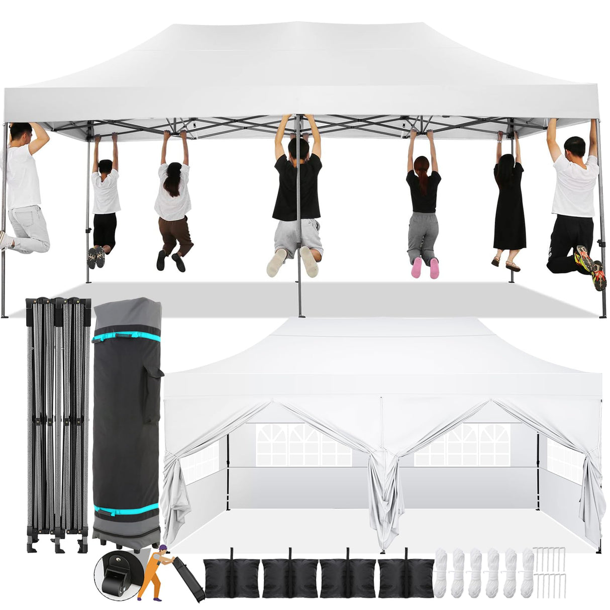COBIZI 10x20 Pop Up Canopy with 6 Sidewall,Heavy Duty Canopy UPF 50+ All Season Wind Waterproof Commercial Outdoor Wedding Party Tents for Parties Canopy Gazebo with Roller Bag(10 x 20 ft White) COBIZI