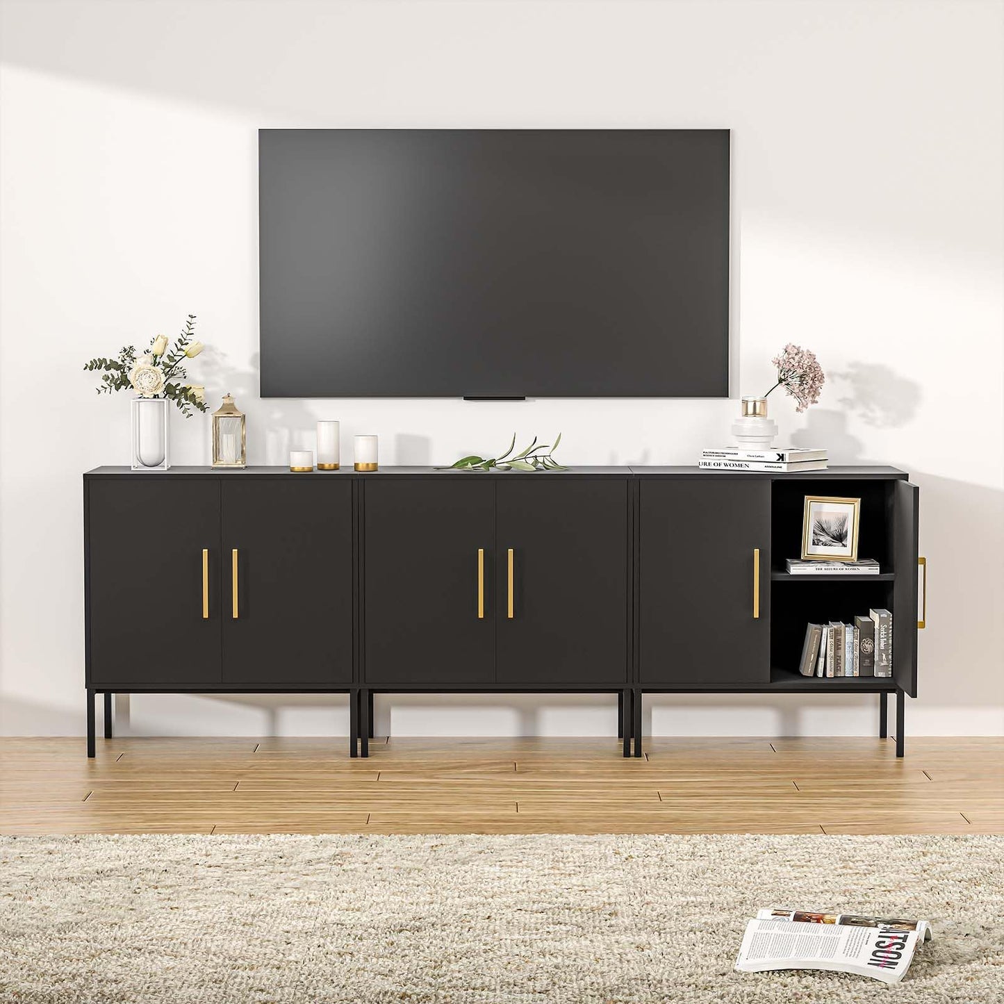 LYNSOM TV Stand for 85 Inch TV, Media Entertainment Center Console Table, 3 Cabinets, TV Console Table with Storage Cabinet for Bedroom, Living Room, Entertainment Room (Black)