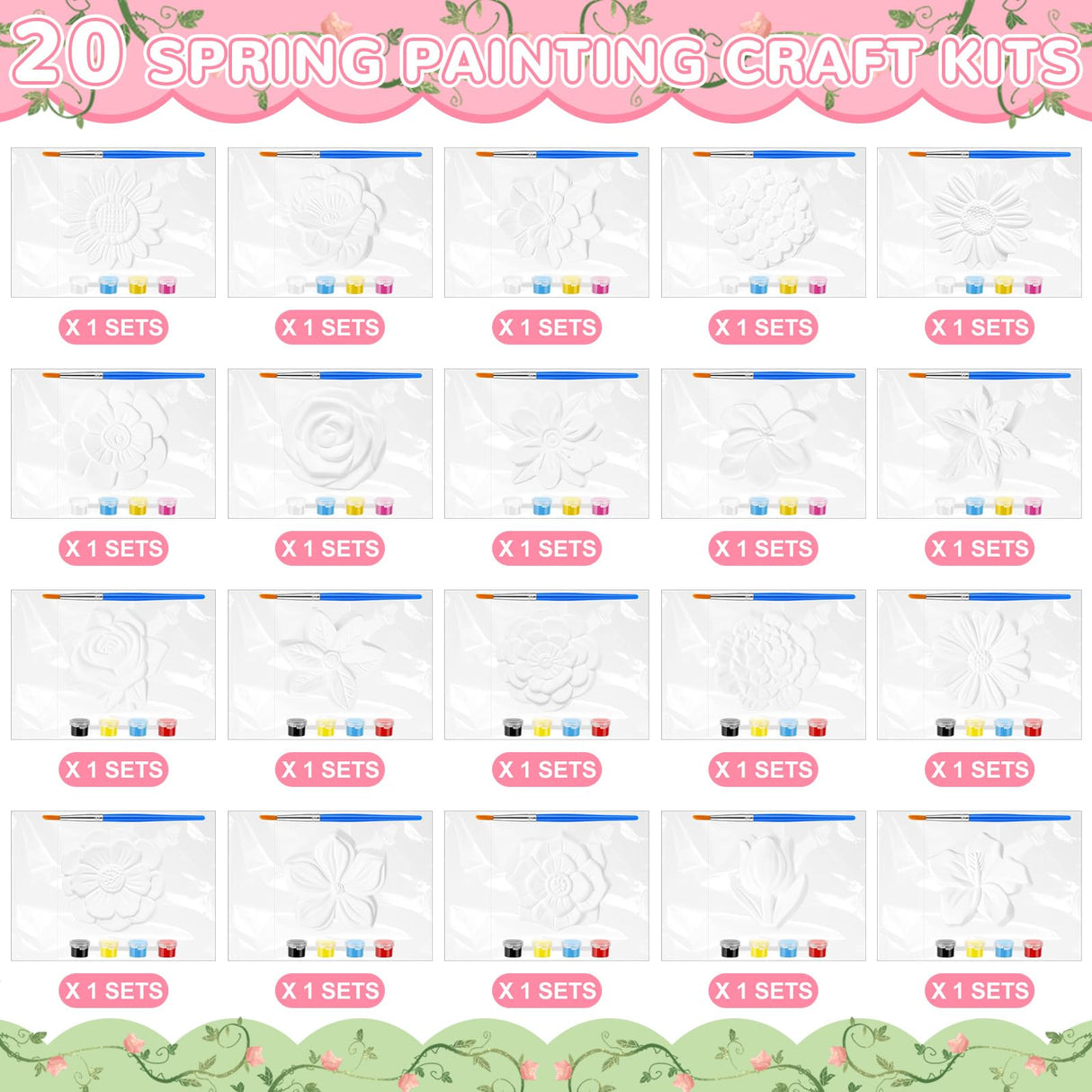 JellyArch 20 Set Flower DIY Painting Kit Ceramic to Paint Your Own Statues Unpainted Plaster Figurines Brushes Acrylic Paints Bags Party Favor for Adults JellyArch