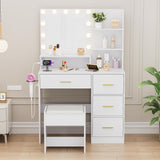 Alaxgumrol Makeup Vanity with Lights & Mirror, Vanity Desk with Power Outlet, White Vanity Set with 2 Drawers, Dressing Table with Adjustable 3 Lighting Color (White, Right Drawer) Alaxgumrol