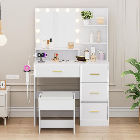 Alaxgumrol Makeup Vanity with Lights & Mirror, Vanity Desk with Power Outlet, White Vanity Set with 2 Drawers, Dressing Table with Adjustable 3 Lighting Color (White, Right Drawer) Alaxgumrol