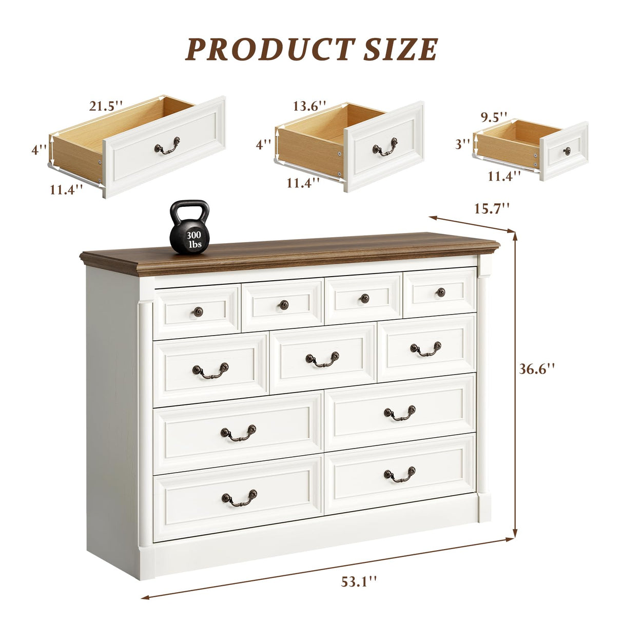 Concho Farmhouse 11 Drawers Dresser for Bedroom, 53'' Wide Wood Chest of Drawers with Spacious Deep Storage Space, Rustic Storage Dressers Organizer, TV Stand for Living Room, Bedroom, Antique White Concho