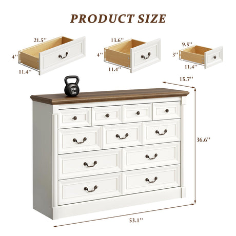 Concho Farmhouse 11 Drawers Dresser for Bedroom, 53'' Wide Wood Chest of Drawers with Spacious Deep Storage Space, Rustic Storage Dressers Organizer, TV Stand for Living Room, Bedroom, Antique White Concho
