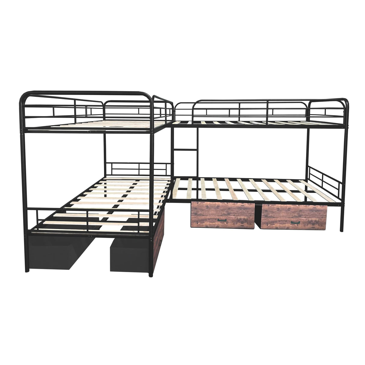 PVWIIK L-Shaped Quad Bunk Bed with Storage Drawers for 4 Kids,Quad Bunk Bed Frame with Built-in Ladder & Full-Length Guardrails,Easy to Assemble,Space Saving, Black PVWIIK