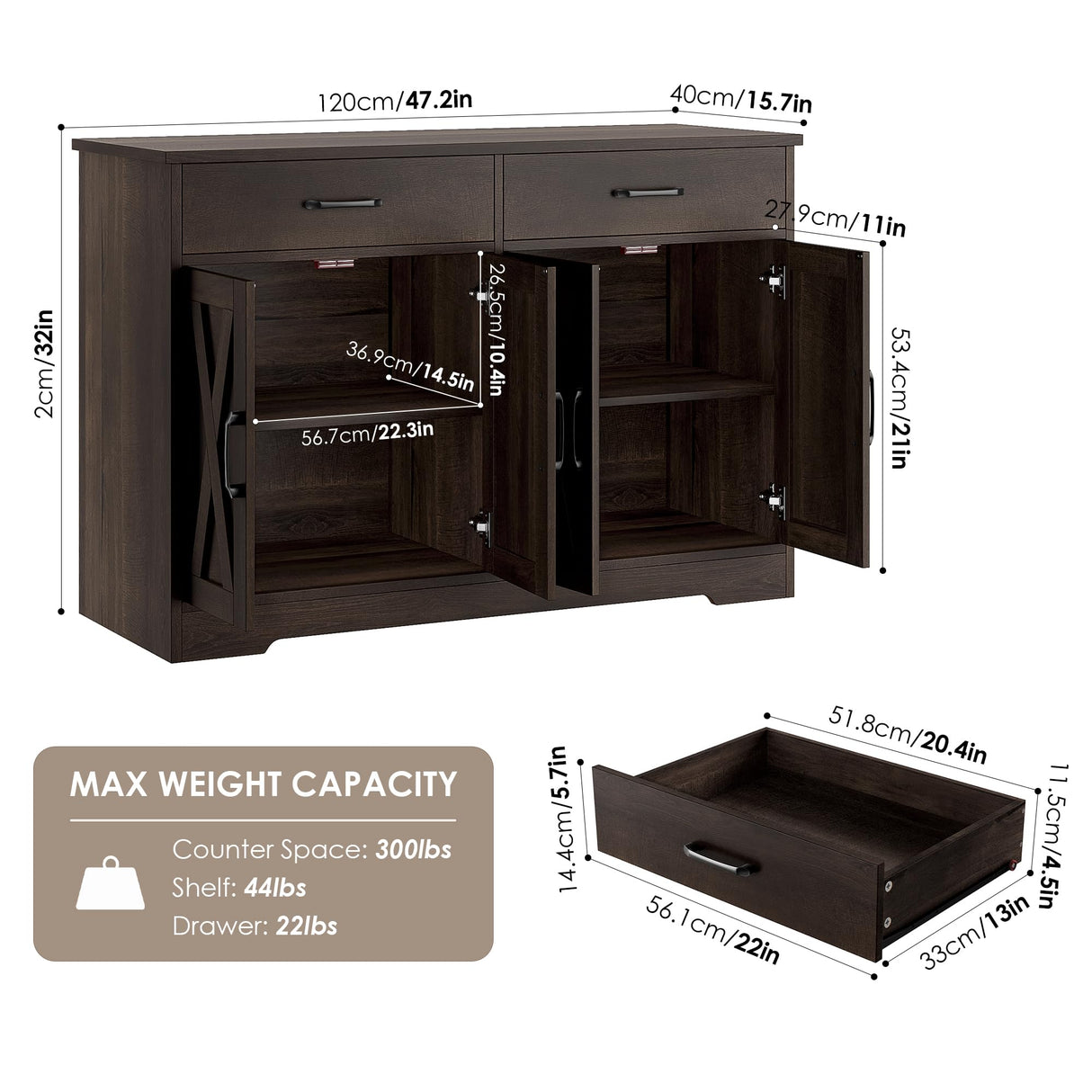 HOSTACK Coffee Bar Cabinet, 47.2" Buffet Cabinet with Storage, Modern Farmhouse Kitchen Buffet Sideboard with Drawers and Shelves, Barn Doors Storage Cabinet for Living Room, Dark Brown HOSTACK