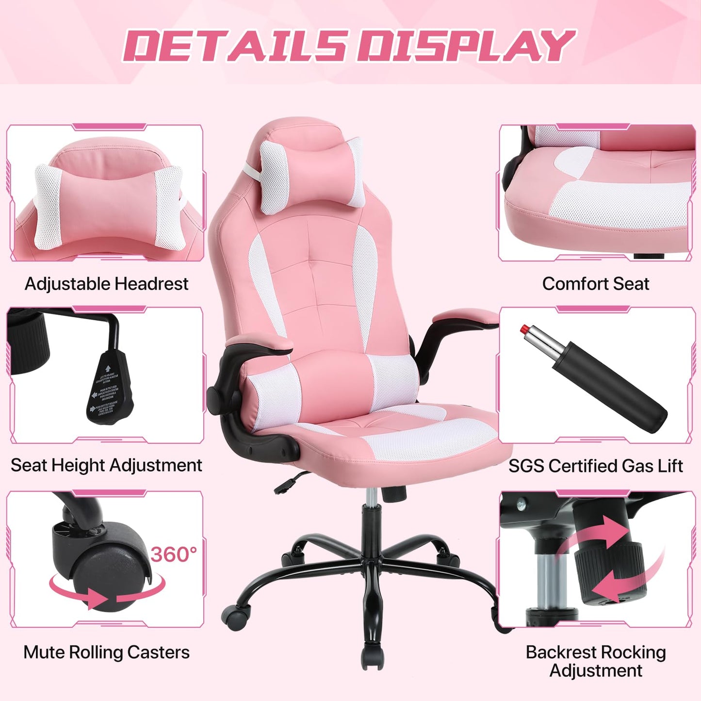 Gaming Chair for Adult, Kids Pink Office Desk Chair Ergonomic High Back Computer Chair with Lumbar Support Flip-up Arms Headrest PU Leather Swivel Task Chair for Girls