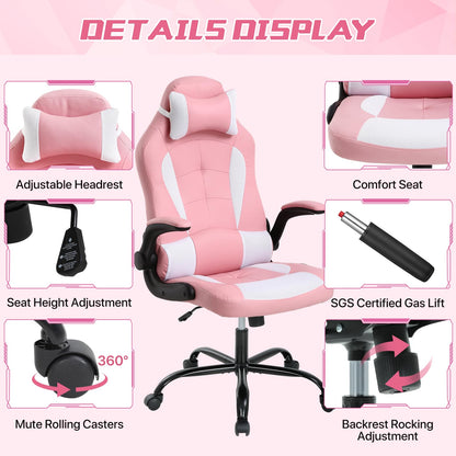 Gaming Chair for Adult, Kids Pink Office Desk Chair Ergonomic High Back Computer Chair with Lumbar Support Flip-up Arms Headrest PU Leather Swivel Task Chair for Girls