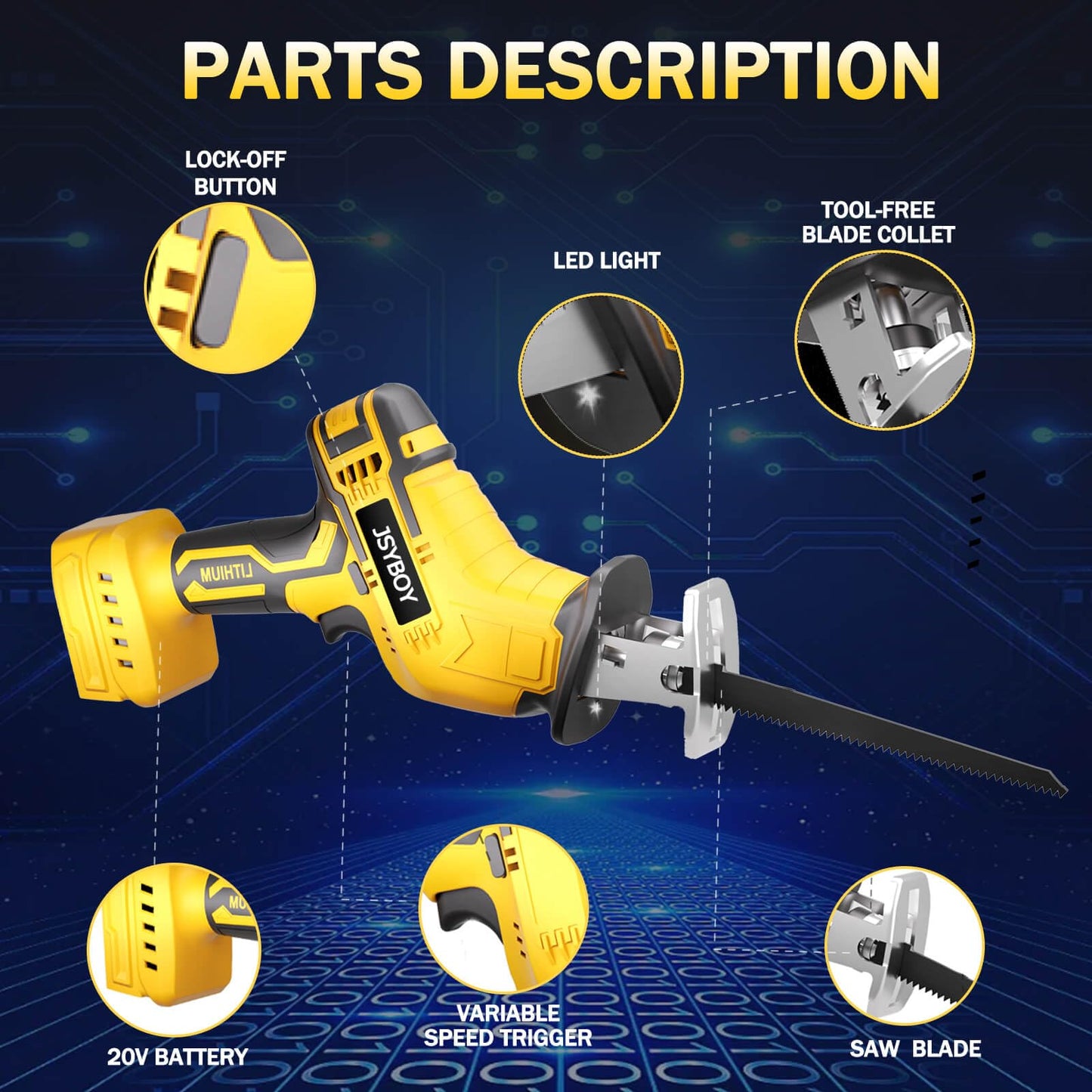 Cordless Reciprocating Saw Compatible With Dewalt 20V Max Battery, Electric Reciprocating Saw Variable Speed 0-3500 SPM, 4 Saw Blades,Power Reciprocating Saws for Wood/Metal/PVC Cutting - WoodArtSupply