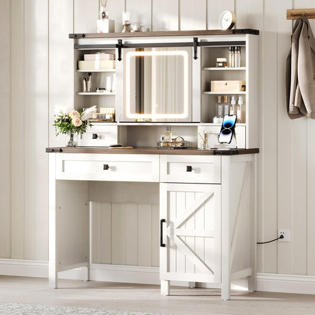Albott Farmhouse Makeup Vanity Desk with Sliding Mirror and Lights, Makeup Vanity Table with 4 Storage Drawers and Adjustable Shelves, Dressing Table with Glass Top, Big Vanity Set for Bedroom, White Albott