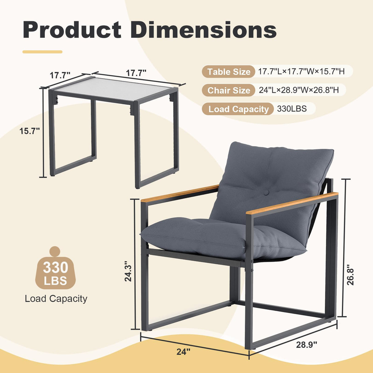 DIMOFAP 3 Piece Patio Furniture Set, Outdoor Porch Chairs Set of 2, Balcony Furniture for Apartment with Chairs & Table, Included Thick Comfy Cushions, Perfect for Porch, Balcony, Deck DIMOFAP