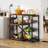 Homeiju Kitchen Island, Baker's Rack with Power Outlet, Microwave Stand, Coffee Bar with 3 Removable Wire Baskets, Kitchen Storage Rack with 6 S-Hooks for Spices, Pots and Pans - Rustic Brown Homeiju
