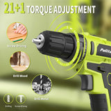 PULITUO'S 20V Cordless Drill/Driver, Electric Screwdriver - 2 Batteries, 30Nm, 21+1 Torque, 2 Speed, Keyless 3/8" Chase Drill with LED Light, Kit for Home (Green) PULITUO