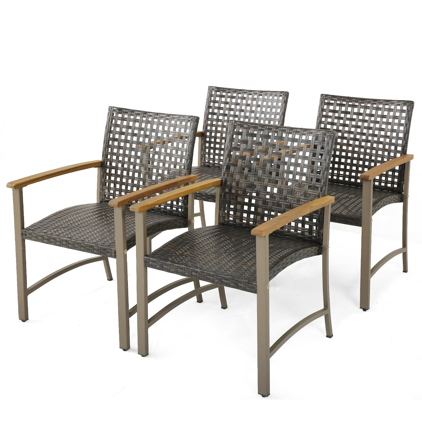 Tangkula Patio Dining Chairs Set of 4, Outdoor PE Wicker & Heavy-Duty Metal Chairs with Acacia Wood Armrests, Outdoor Rattan Armchairs for Garden, Backyard, Poolside, Balcony (Mix Brown) - WoodArtSupply