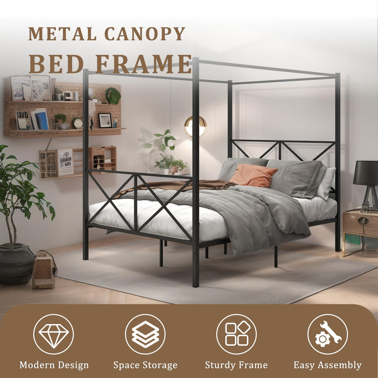 Full Canopy Bed Frame, Metal Canopy Beds with 4 Poster Design and Geometric Accented Headboard and Footboard, No Box Spring Needed, Underbed Storage Space HomJoones