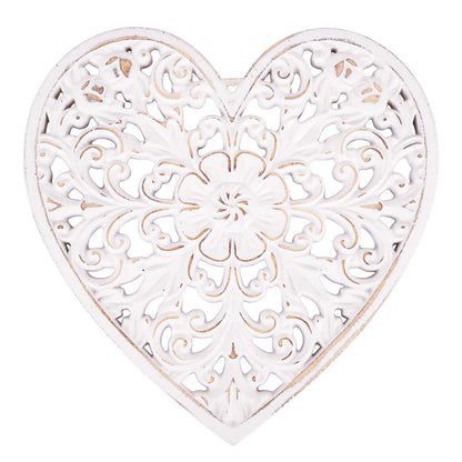 Kvintes Wood Wall Panel Hanging Decor, Medallion Wall Décor Art, 12" Heart-shaped Decorative Carved Floral-Patterned Distressed White MDF Sculpture Wall Panel for Your Room or Office