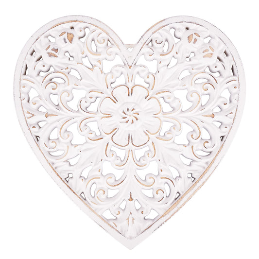 Kvintes Wood Wall Panel Hanging Decor, Medallion Wall Décor Art, 12" Heart-shaped Decorative Carved Floral-Patterned Distressed White MDF Sculpture Wall Panel for Your Room or Office