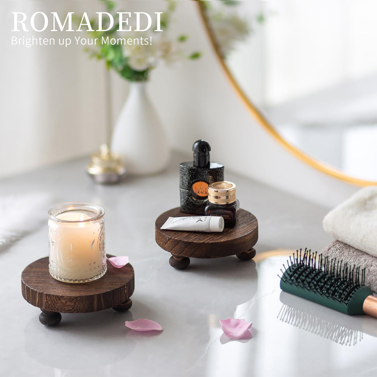 Romadedi Farmhouse Wood Riser for Display- 2 pcs Rustic Decor Mini Wooden Pedestal Decorative Round Tray for Home Table Bathroom Counter Shelf Kitchen, Brown Romadedi