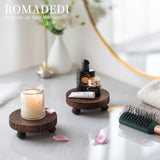 Romadedi Farmhouse Wood Riser for Display- 2 pcs Rustic Decor Mini Wooden Pedestal Decorative Round Tray for Home Table Bathroom Counter Shelf Kitchen, Brown Romadedi