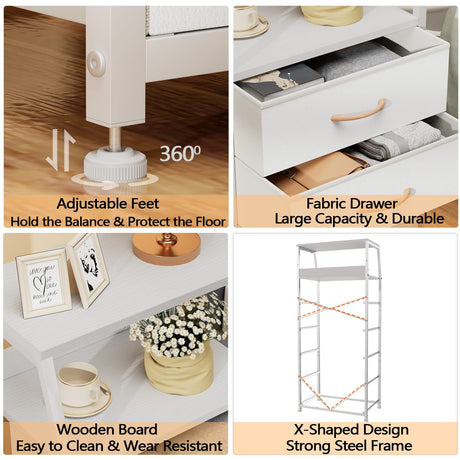 Furnulem White Dresser with 5 Drawers, Vertical Storage Tower Fabric Dresser for Bedroom, Hallway, Entryway, Nursery, Closet Organizer, Nightstand Bedside Table Furniture, Sturdy Steel Frame, Wood Top Furnulem