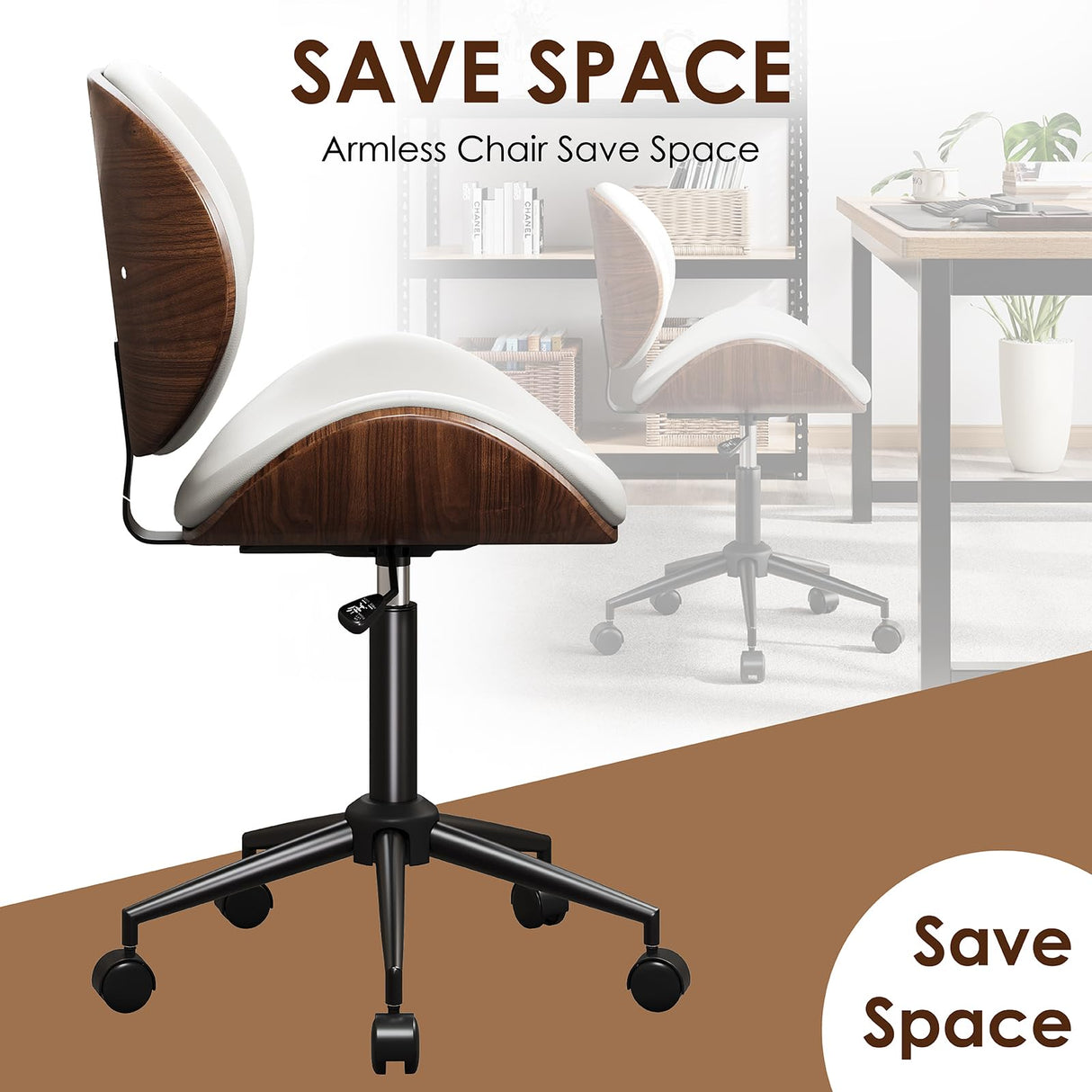 LUXOAK Ergonomic Home Office Desk Chair Set of 2, Mid-Century Modern Armless Chair with PU Leather/360°Swivel Wheels/Seat Height Adjustable for Office, Study, White LUXOAK