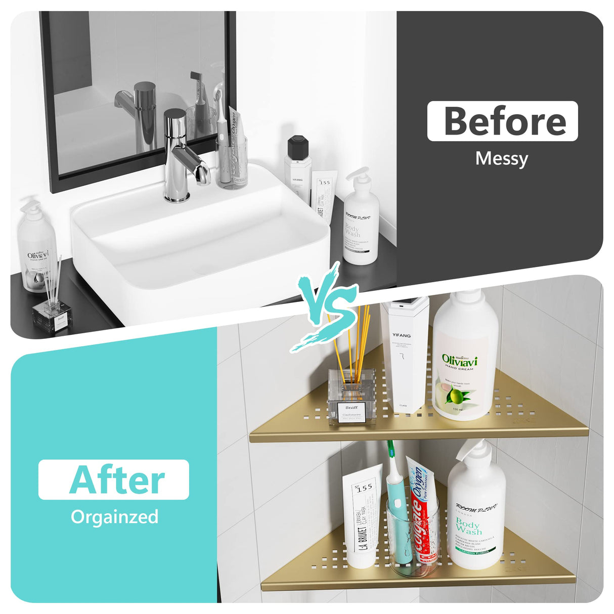 Qeke 2 Pack Bathroom Corner Shelf, Recessed 12" Corner Shower Shelf, SUS304 Stainless Steel Triangular Wall Mount, No Drilling, Brushed Golden Qeke