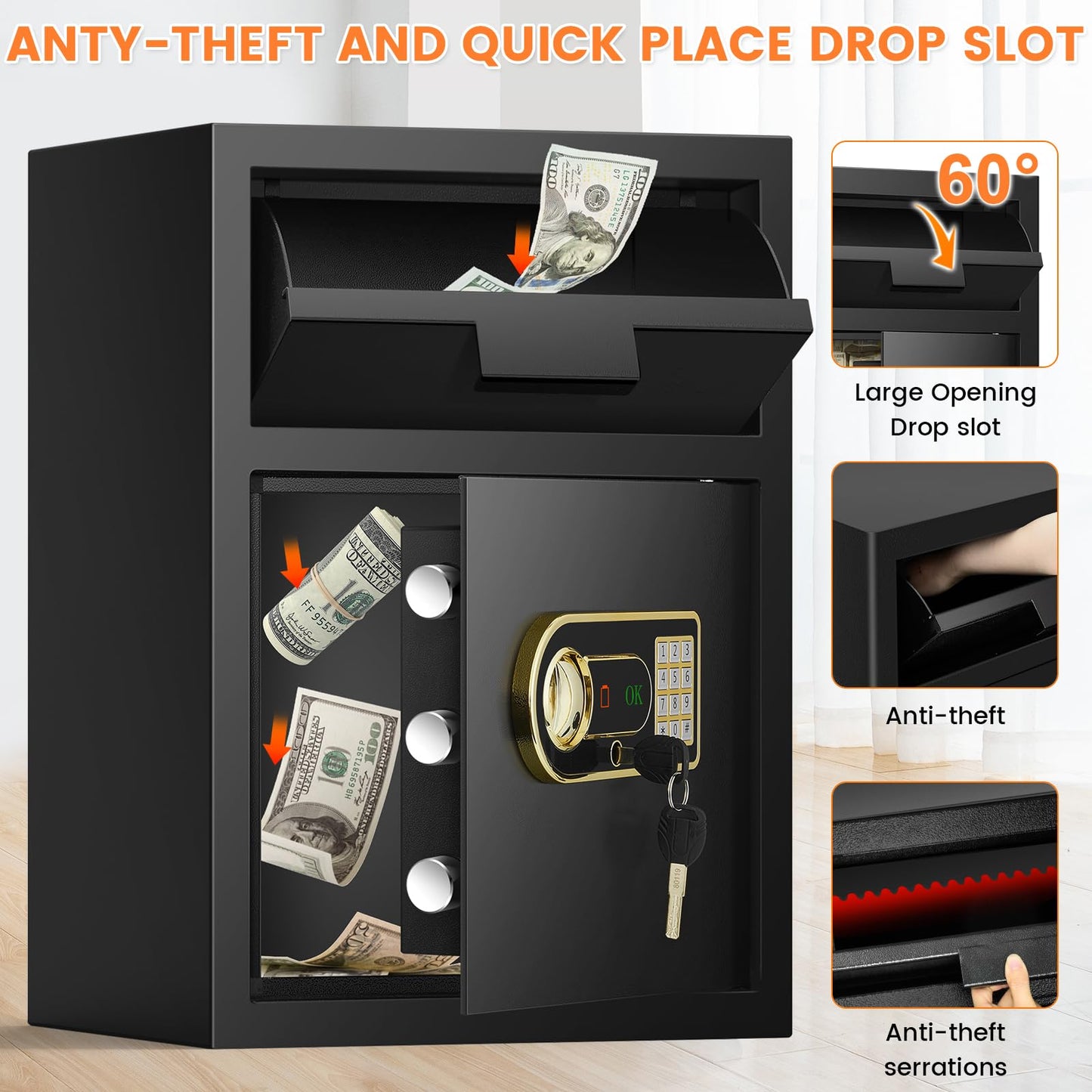 2.6 Cubic Fireproof Drop Safe for Business, Anti-Theft Drop Slot Safes for Money with Digital Combination Lock & Spare Keys, Cash Depository Safe with Drop Box for Home Retail Store Busines