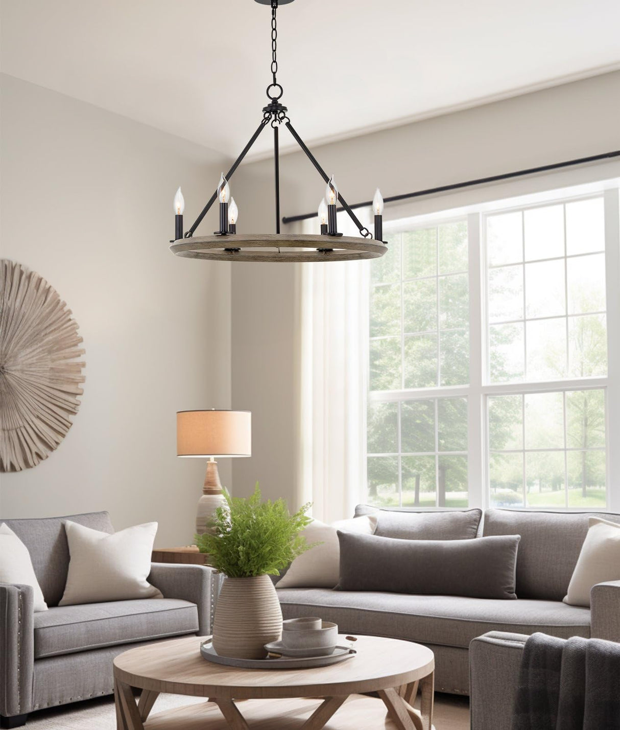 Kira Home Jericho 24" 6-Light Industrial Rustic Farmhouse Wagon Wheel Chandelier, Round Kitchen Island Light, Black + Gray Oak Wood Finish Kira Home