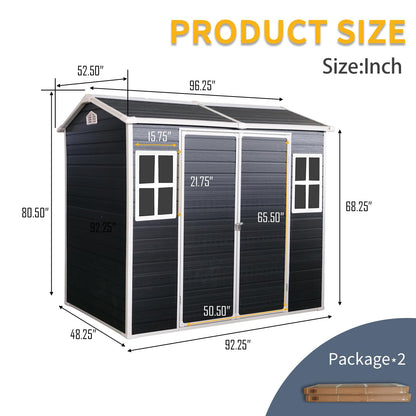 8 x 4 FT Outdoor Storage Shed, Outdoor Resin Shed with Two-Window and Double-Door, Plastic Shed with Floor for Gargen, Patio, Yard, Lawn (Black)