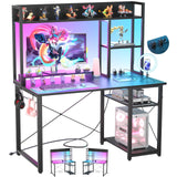 Cyclysio Gaming Desk with Hutch, 39'' Computer Desk with LED Lights & Power Outlets, Home Office Desk with Reversible 5 Tiers Storage Shelves & Monitor Stand, Small Gaming Table for Small Space, Black Cyclysio