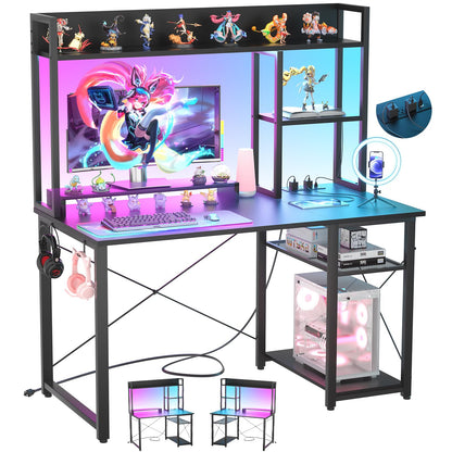 Cyclysio Gaming Desk with Hutch, 39'' Computer Desk with LED Lights & Power Outlets, Home Office Desk with Reversible 5 Tiers Storage Shelves & Monitor Stand, Small Gaming Table for Small Spa - WoodArtSupply