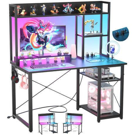 Cyclysio Gaming Desk with Hutch, 39'' Computer Desk with LED Lights & Power Outlets, Home Office Desk with Reversible 5 Tiers Storage Shelves & Monitor Stand, Small Gaming Table for Small Space, Black Cyclysio
