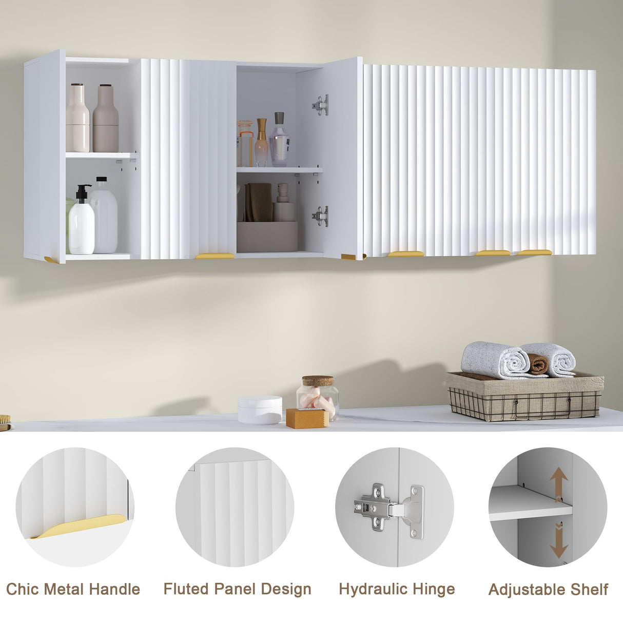 ChooChoo 3-Door Bathroom Wall Cabinet, Fluted Kitchen Wall Cabinet with Adjustable Shelf, Wall Mounted Storage Cupboard for Bathroom, Laundry Room, Entryway, Garage, White ChooChoo