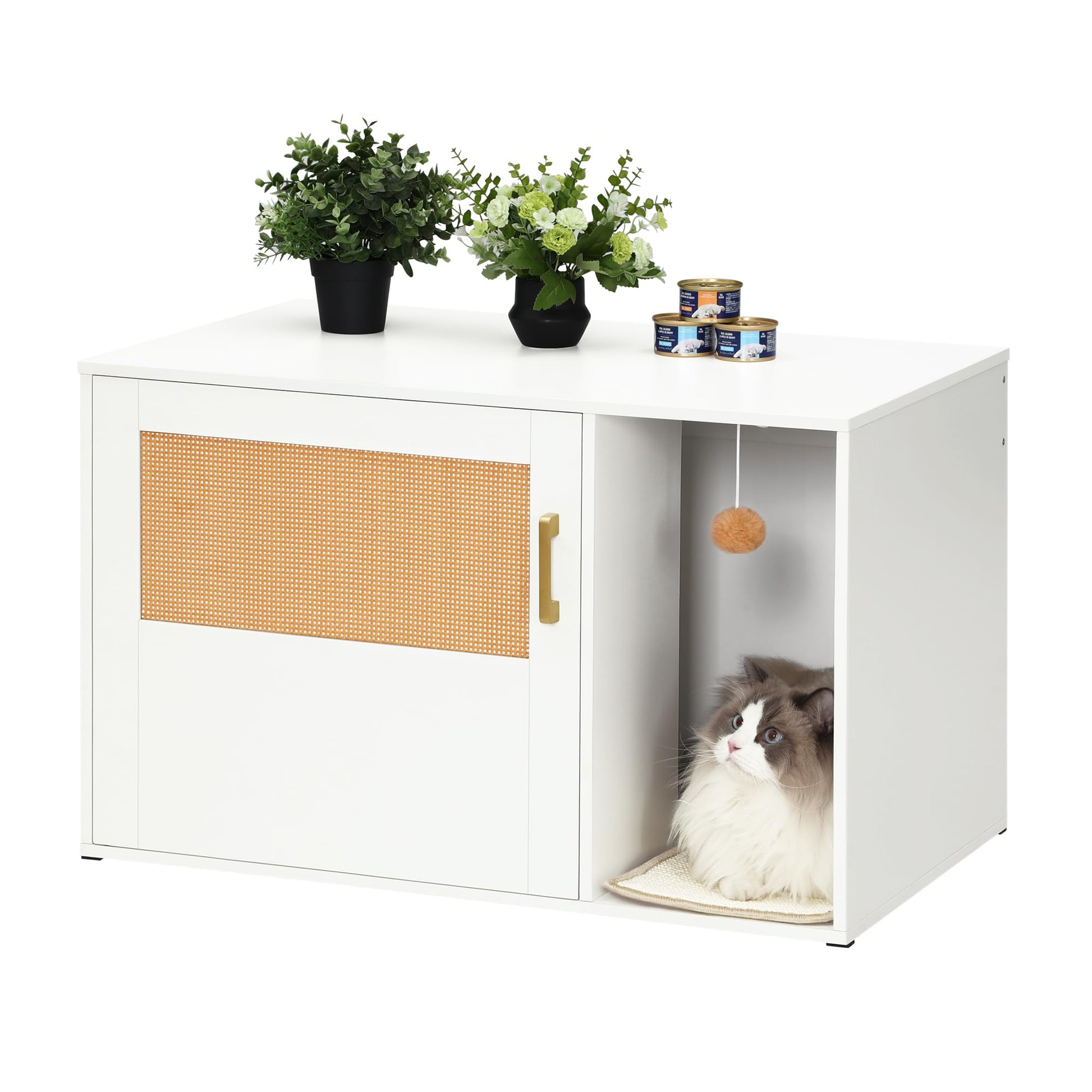 Hzuaneri Cat Litter Box Enclosure with Rattan Door, Hidden Litter Box Furniture, Boho Style Wooden Pet House Side End Table, Storage Cabinet Bench, Living Room, Bedroom, White CB05603X - WoodArtSupply