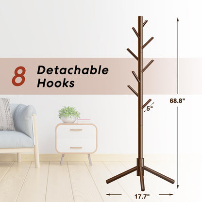 Azaeahom Wooden Coat Rack Stand, Free Standing Coat Rack with 8 Hooks 3 Adjustable Heights for Clothes, Hats, Handbags, Coat Tree Easy Assembly for Entryway, Bedroom, Hallway, Office (New Brown)