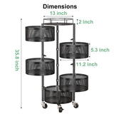 SAYZH Fruit Vegetable Basket for Kitchen, Rotating Storage Rack, 5 Tier Rolling Cart with top lid, Large Metal Wire Wheels, Black SAYZH