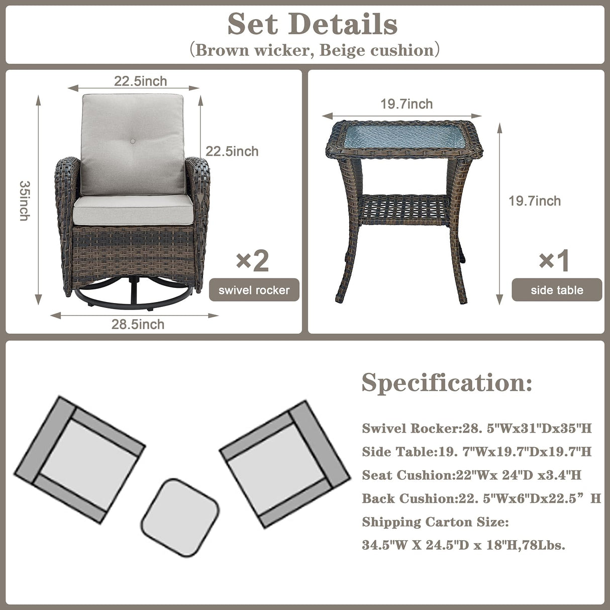 Belord Patio Wicker Chairs Swivel Rocker Outdoor Swivel Rocking Chairs Set of 2 with Rattan Side Table Patio Swivel Glider Chair 3 Piece Patio Furniture Sets for Porch Pool Brown/Beige, (A085-2) Belord