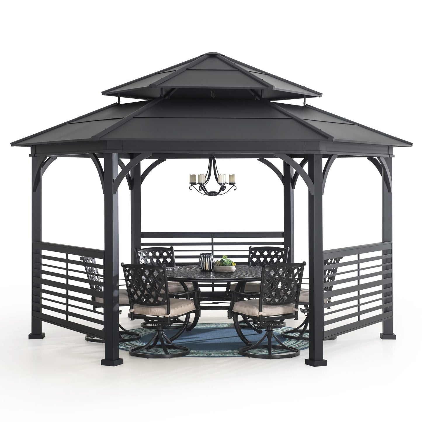 Sunjoy 13 x 15 ft. Hardtop Gazebo, Outdoor Macomb Hexagon Gazebo, Hexagon Double Tiered Metal Gazebo with Decorative Fence, Dual Rails, and Ceiling Hook for Patio, Garden, Backyard Shade - WoodArtSupply