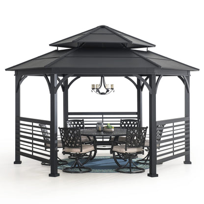 Sunjoy 13 x 15 ft. Hardtop Gazebo, Outdoor Macomb Hexagon Gazebo, Hexagon Double Tiered Metal Gazebo with Decorative Fence, Dual Rails, and Ceiling Hook for Patio, Garden, Backyard Shade - WoodArtSupply