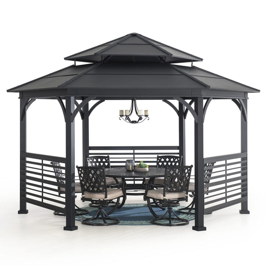 Sunjoy 13 x 15 ft. Hardtop Gazebo, Outdoor Macomb Hexagon Gazebo, Hexagon Double Tiered Metal Gazebo with Decorative Fence, Dual Rails, and Ceiling Hook for Patio, Garden, Backyard Shade - WoodArtSupply