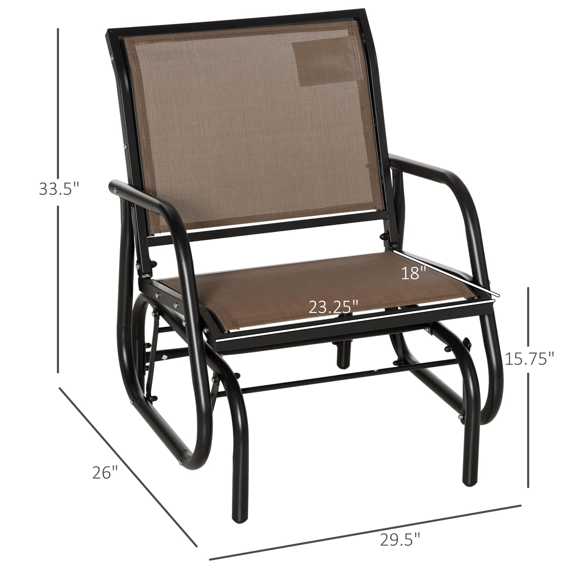 Outsunny Porch Glider, Metal Frame Swing Glider Chair with Breathable Mesh Fabric, Curved Armrests and Steel Frame for Garden, Poolside, Backyard, Balcony, Brown - WoodArtSupply